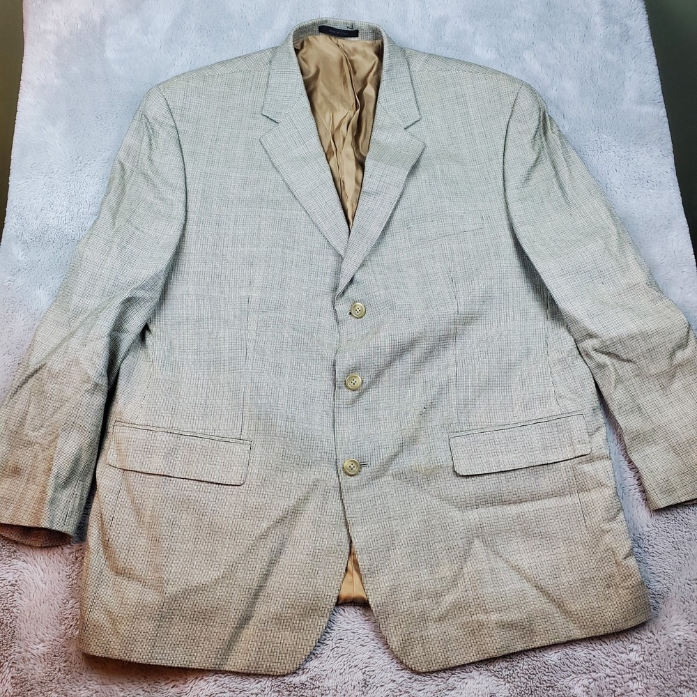 Chaps Silk Wool Blazer Mens 48R 3-Button Micro-Check Professional Sport Coat Tan